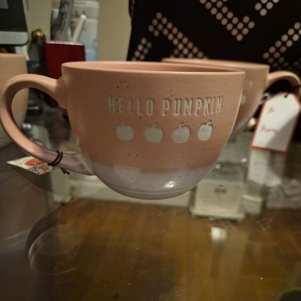 Sheffield Home Hello Pumpkin Pink Mug Embossed Coffee Tea Fall Speckled